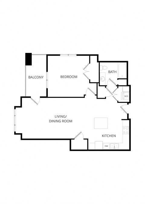 Floor plan for 1 bed, 1 bath, 850 sqft